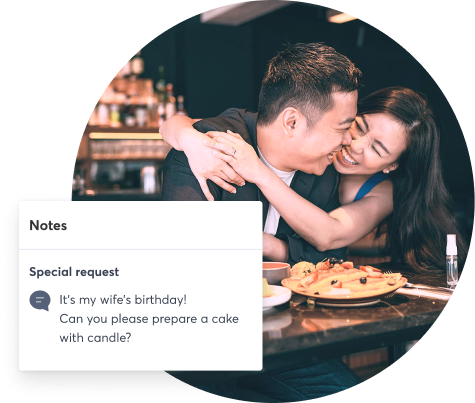 Cutout image of two happy diners. A note with a special birthday request is highlighted in the foreground.